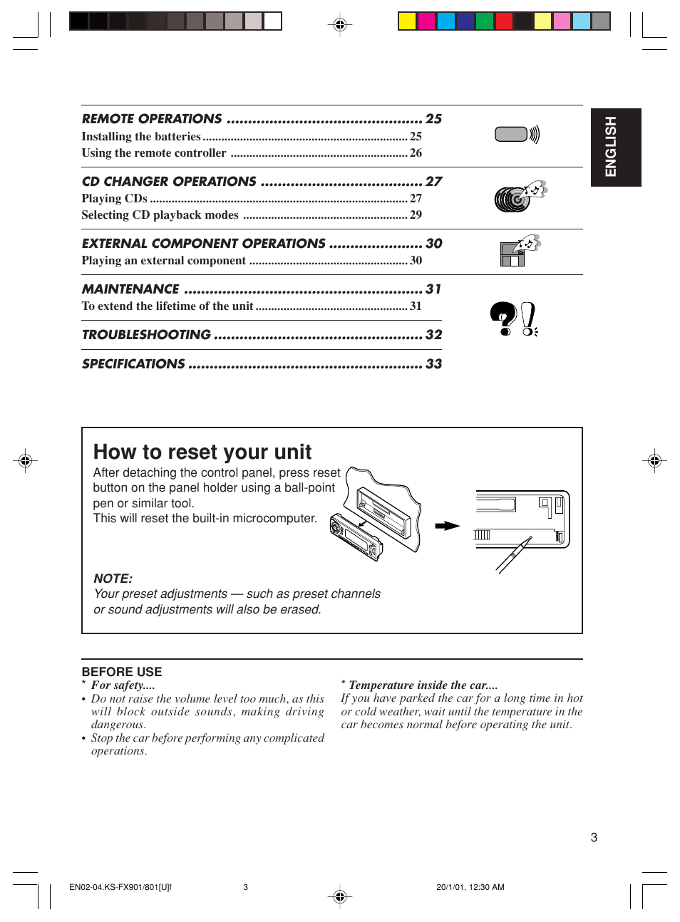 How to reset your unit | JVC KS-FX801 User Manual | Page 3 / 37