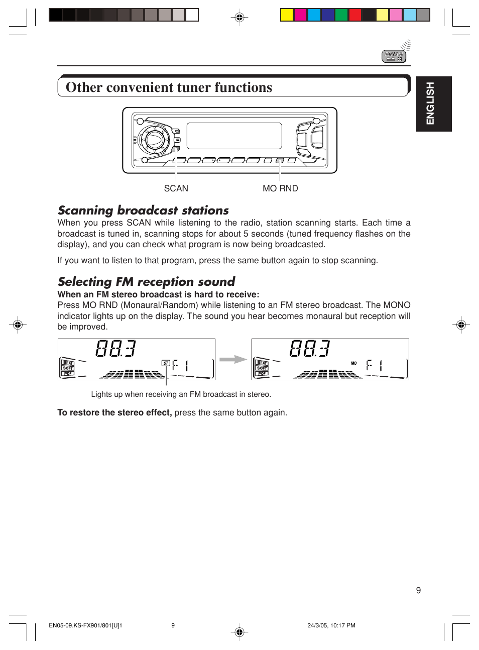 Other convenient tuner functions, Scanning broadcast stations, Selecting fm reception sound | JVC KS-FX801 User Manual | Page 9 / 37