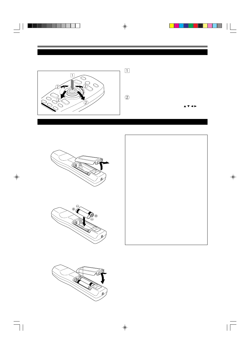 Menu / enter (menu operation) button, Open the back cover, Install the batteries | Close the back cover, Installing batteries | JVC DLA-M5000SCU User Manual | Page 13 / 68