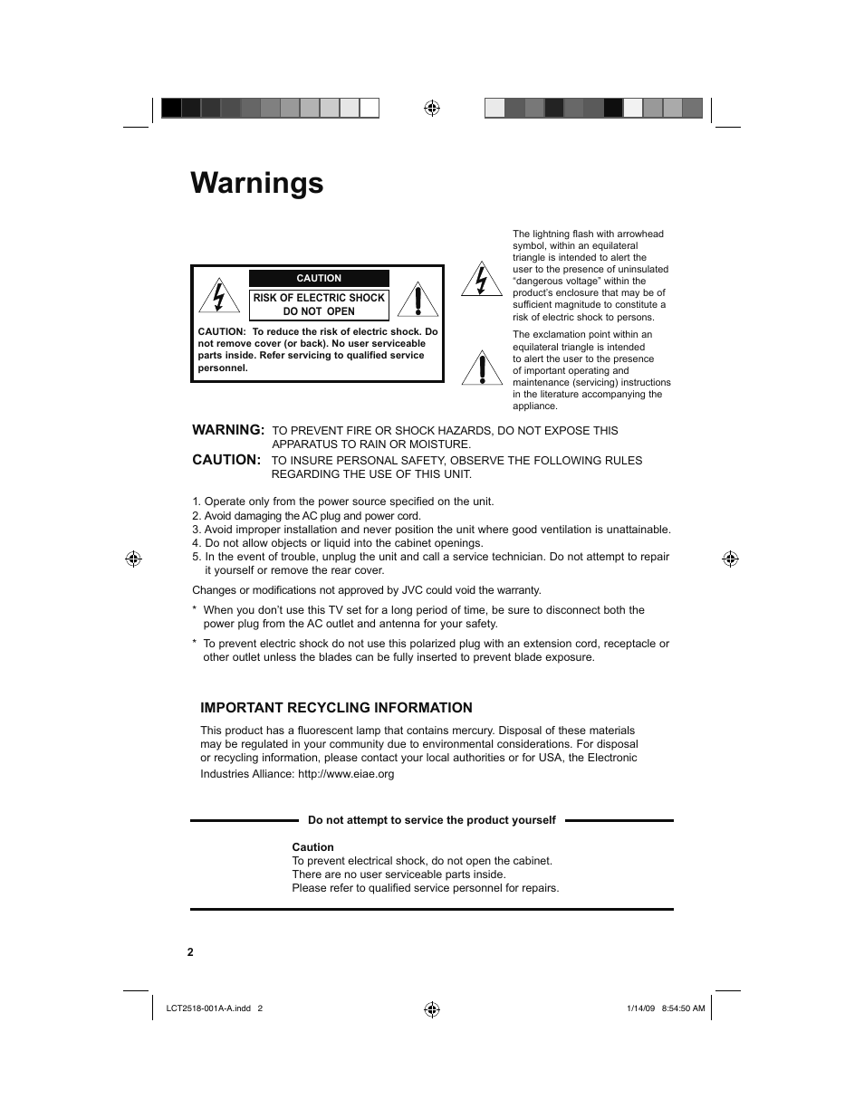 Warnings | JVC 1208TSH-II-IM User Manual | Page 2 / 68