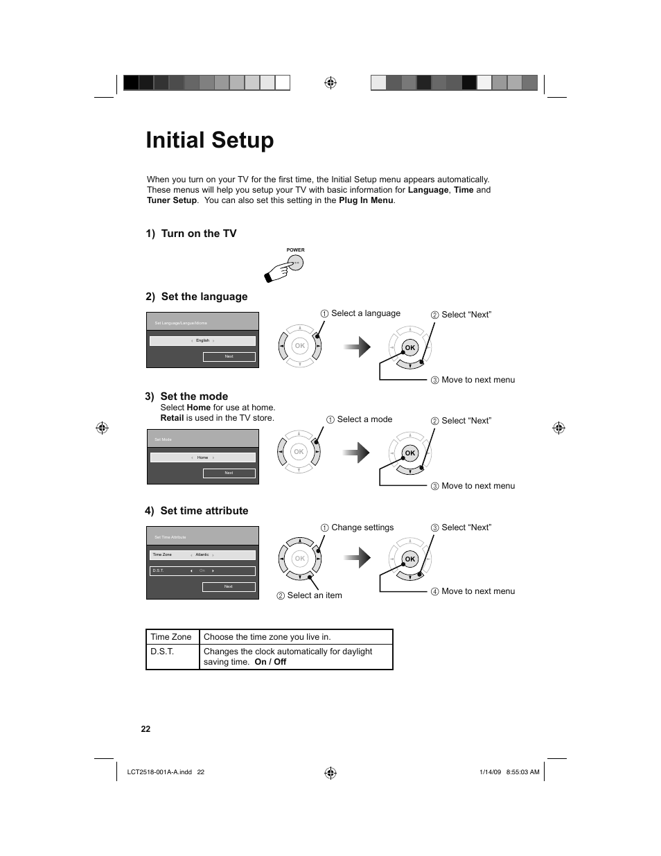 Initial setup, 1) turn on the tv, 4) set time attribute | 2) set the language, 3) set the mode | JVC 1208TSH-II-IM User Manual | Page 22 / 68