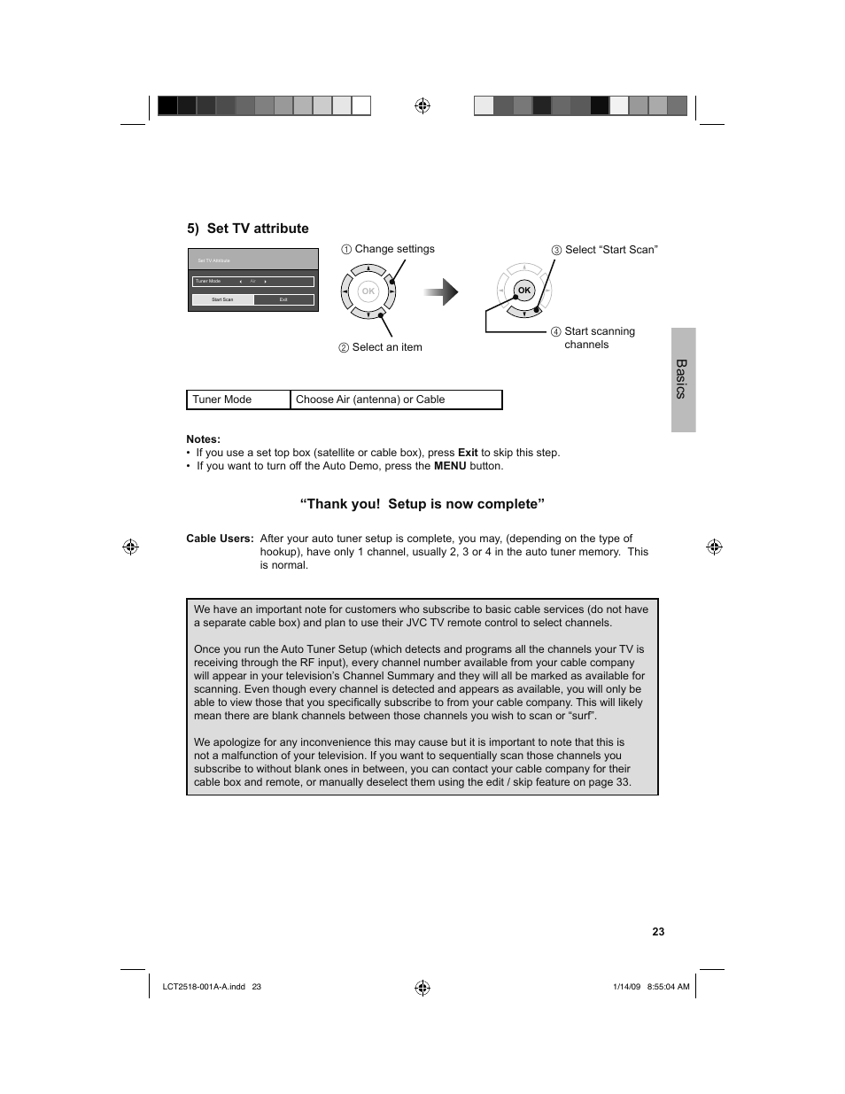 5) set tv attribute, Basics | JVC 1208TSH-II-IM User Manual | Page 23 / 68