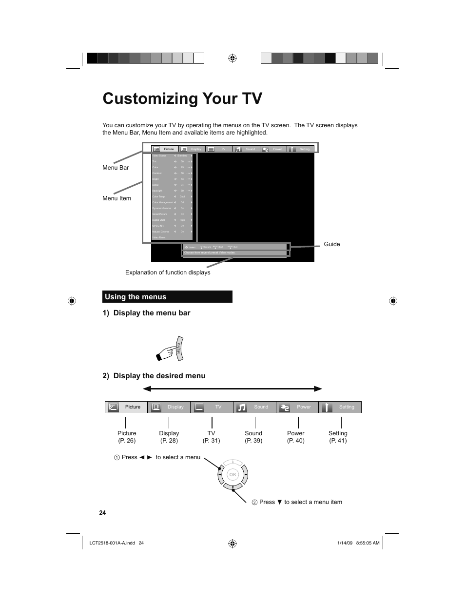 Customizing your tv, Using the menus, Using the menus 1) display the menu bar | 2) display the desired menu | JVC 1208TSH-II-IM User Manual | Page 24 / 68