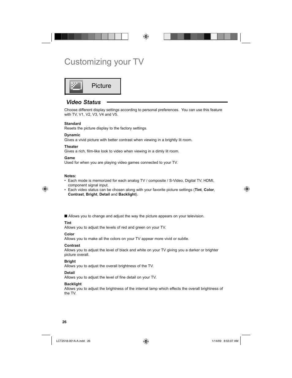 Picture, Video status, Customizing your tv | JVC 1208TSH-II-IM User Manual | Page 26 / 68