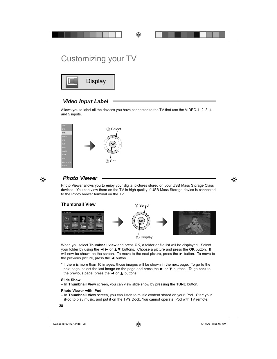 Display, Video input label, Photo viewer | Customizing your tv, Thumbnail view, Back, Menu, Tune | JVC 1208TSH-II-IM User Manual | Page 28 / 68