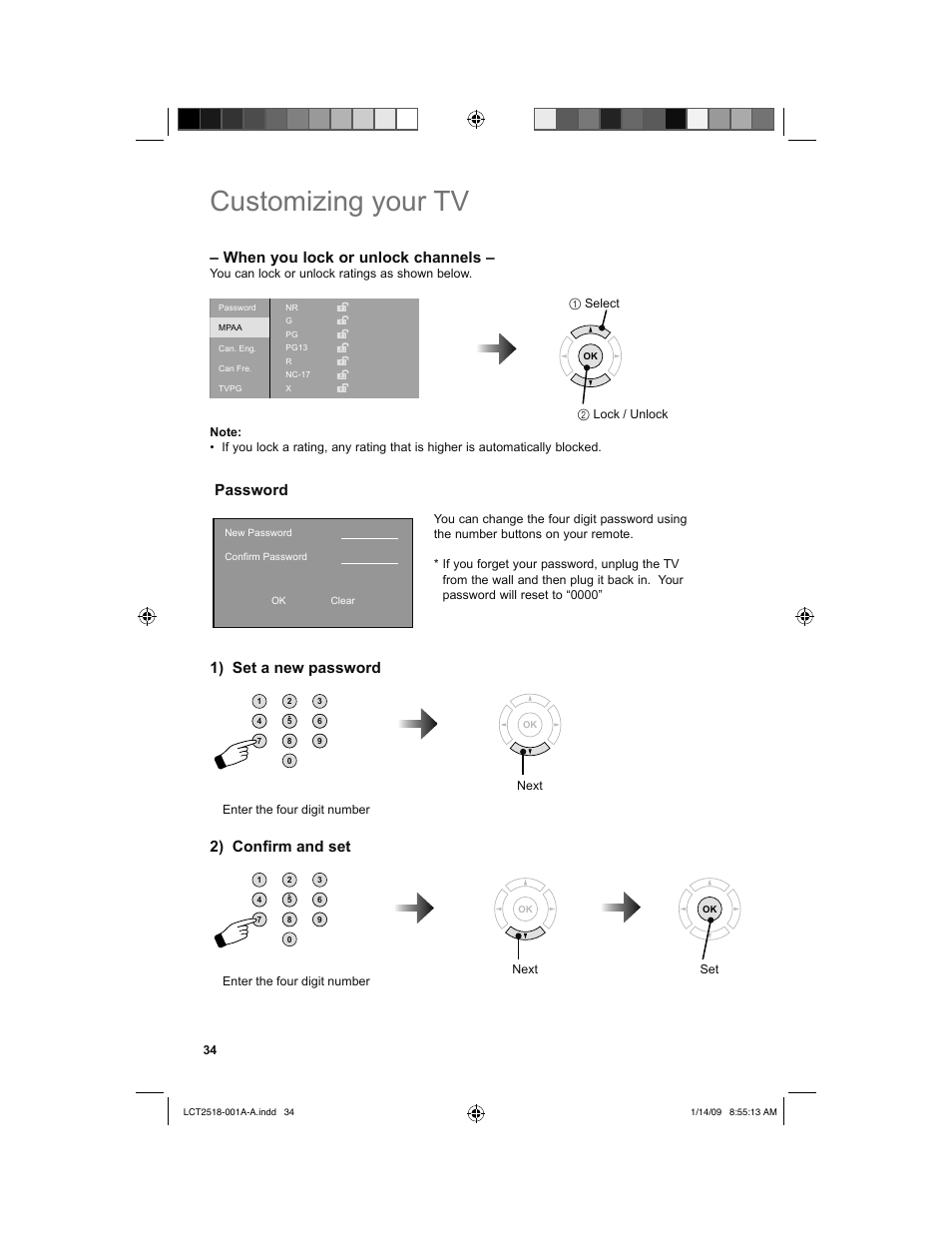 Customizing your tv, When you lock or unlock channels, Password | 1) set a new password, 2) confi rm and set | JVC 1208TSH-II-IM User Manual | Page 34 / 68