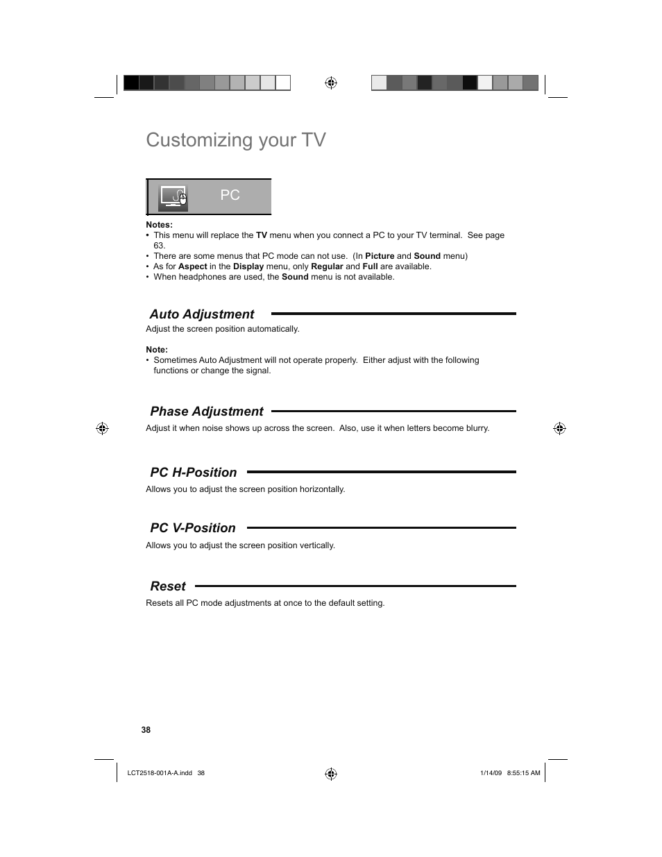 Auto adjustment, Phase adjustment, Pc h-position | Pc v-position, Reset, Customizing your tv | JVC 1208TSH-II-IM User Manual | Page 38 / 68