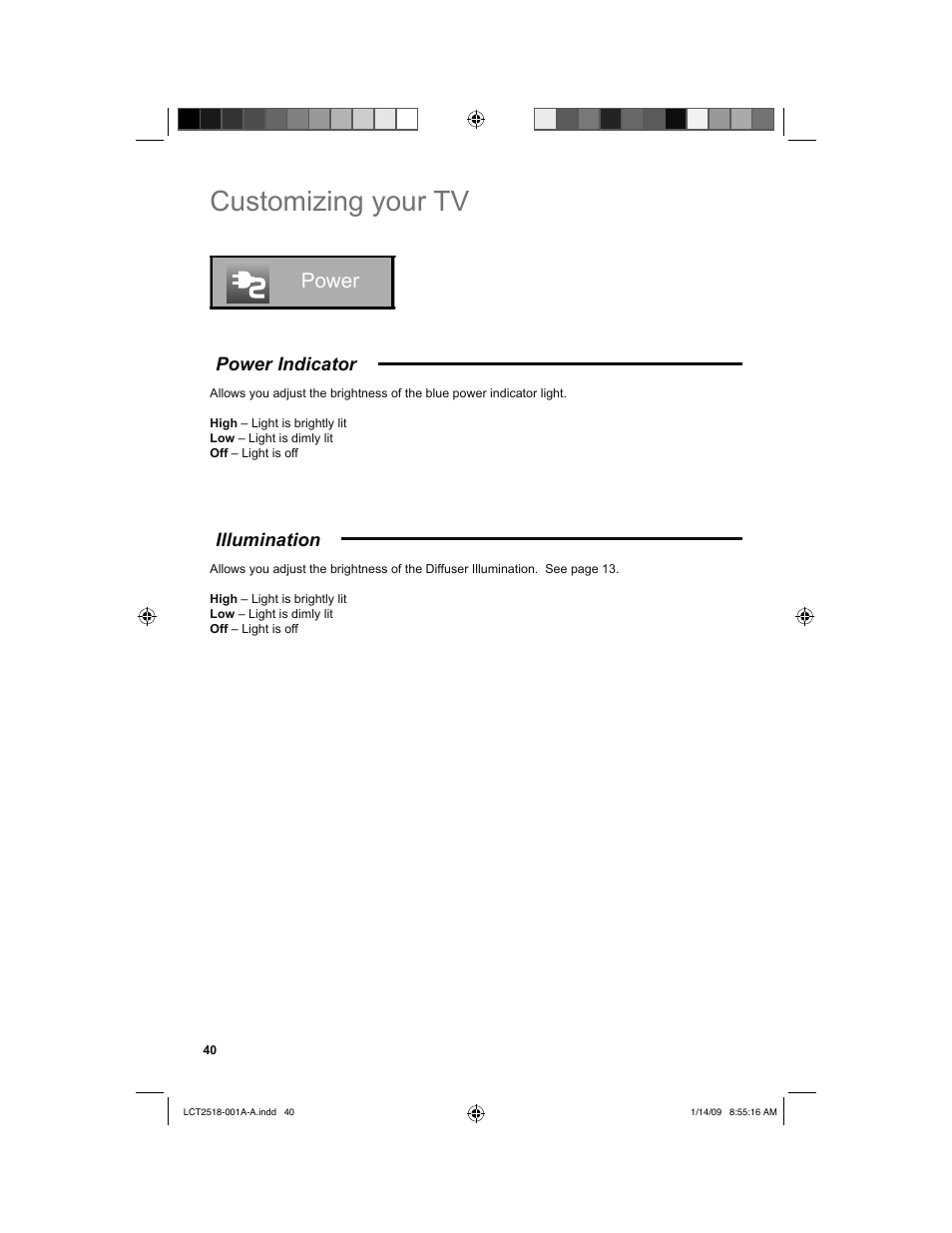 Power, Power indicator, Illumination | Customizing your tv | JVC 1208TSH-II-IM User Manual | Page 40 / 68