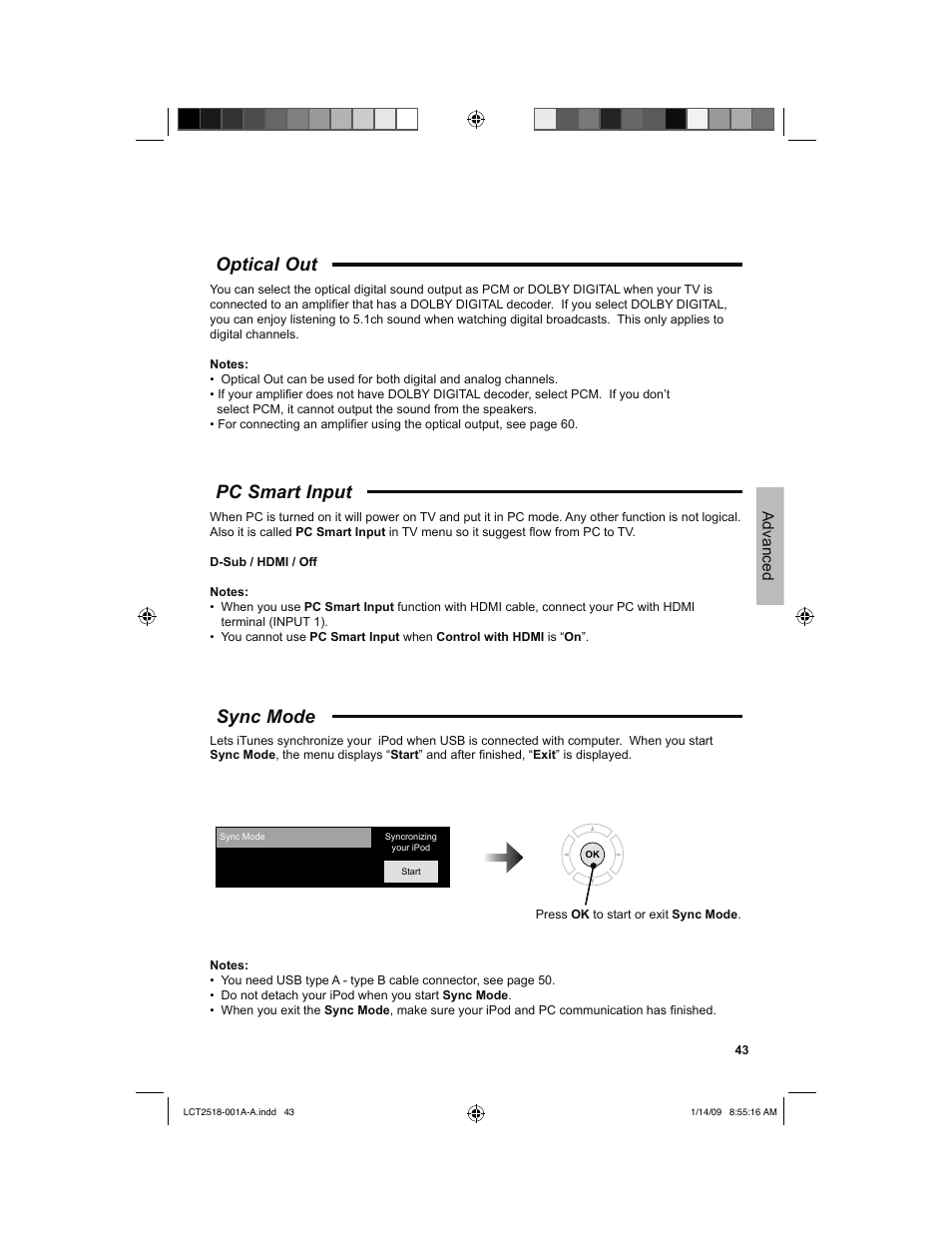 Optical out, Pc smart input, Sync mode | Pc smart input sync mode | JVC 1208TSH-II-IM User Manual | Page 43 / 68