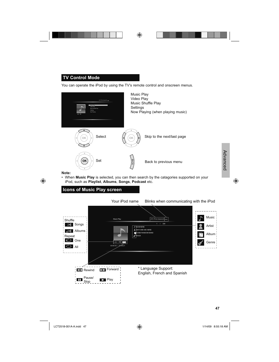 Tv control mode, Icons of music play screen, Advanced | Language support: english, french and spanish | JVC 1208TSH-II-IM User Manual | Page 47 / 68