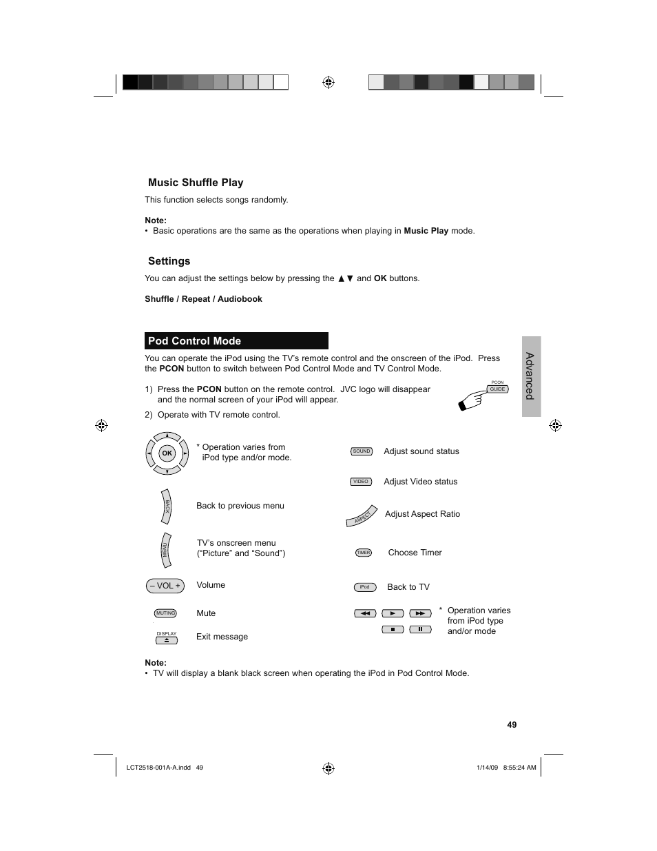 Pod control mode, Music shuffle play, Settings | Advanced | JVC 1208TSH-II-IM User Manual | Page 49 / 68