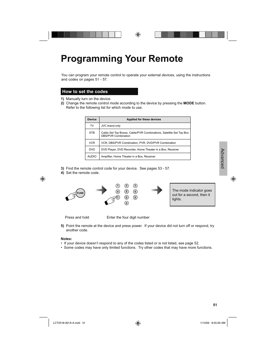 Programming your remote, How to set the codes, Advanced | JVC 1208TSH-II-IM User Manual | Page 51 / 68