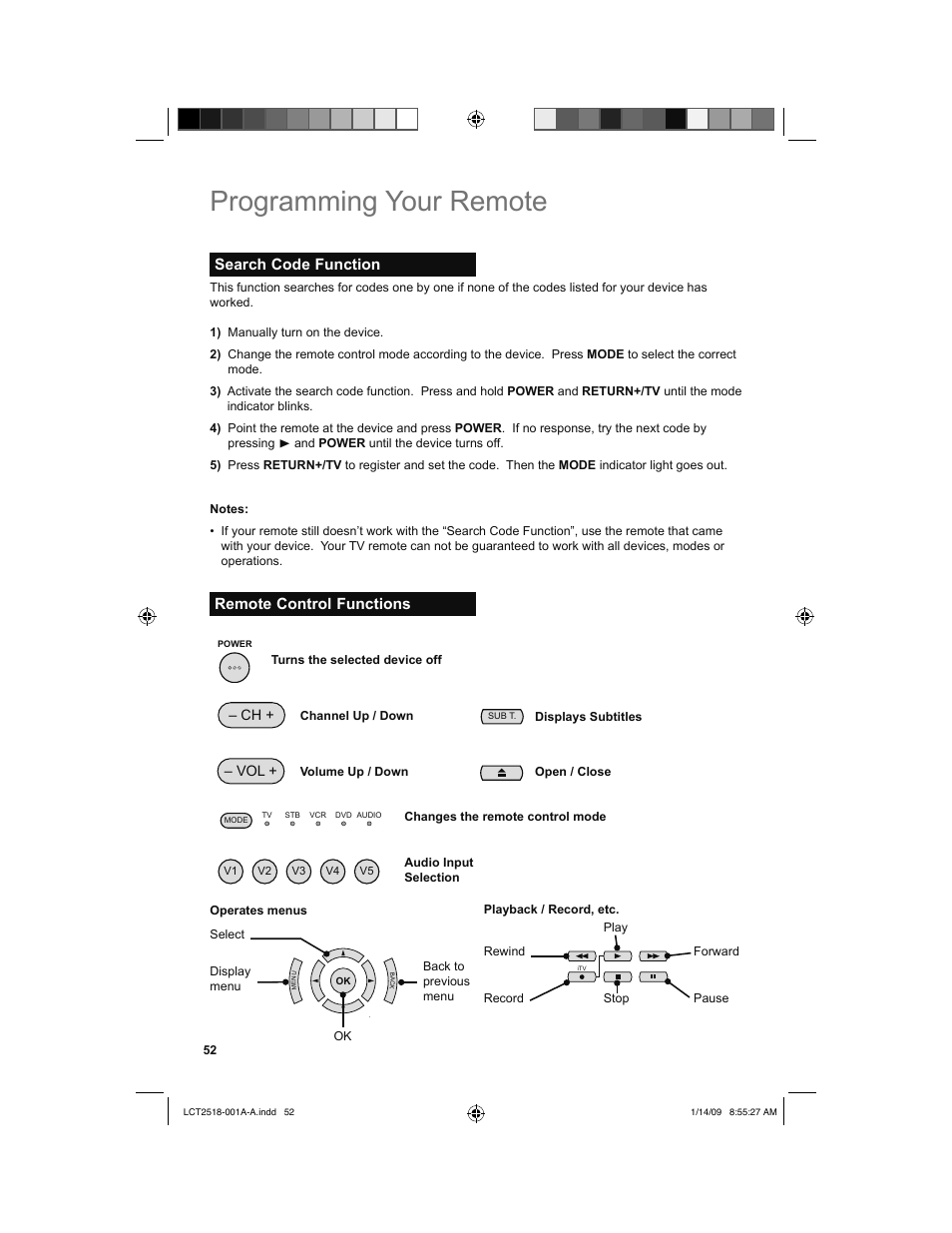 Search code function, Remote control function, Programming your remote | Remote control functions, Vol + – ch | JVC 1208TSH-II-IM User Manual | Page 52 / 68