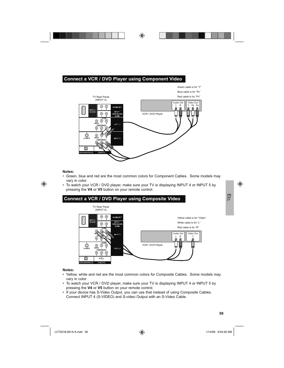 Connect a vcr / dvd player using component video, Connect a vcr / dvd player using composite video | JVC 1208TSH-II-IM User Manual | Page 59 / 68