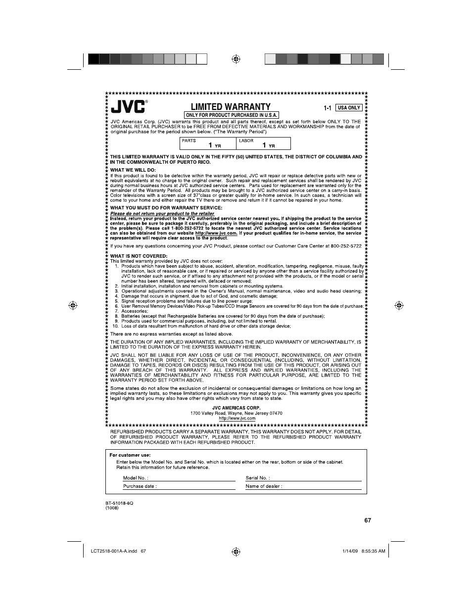 Warranty | JVC 1208TSH-II-IM User Manual | Page 67 / 68