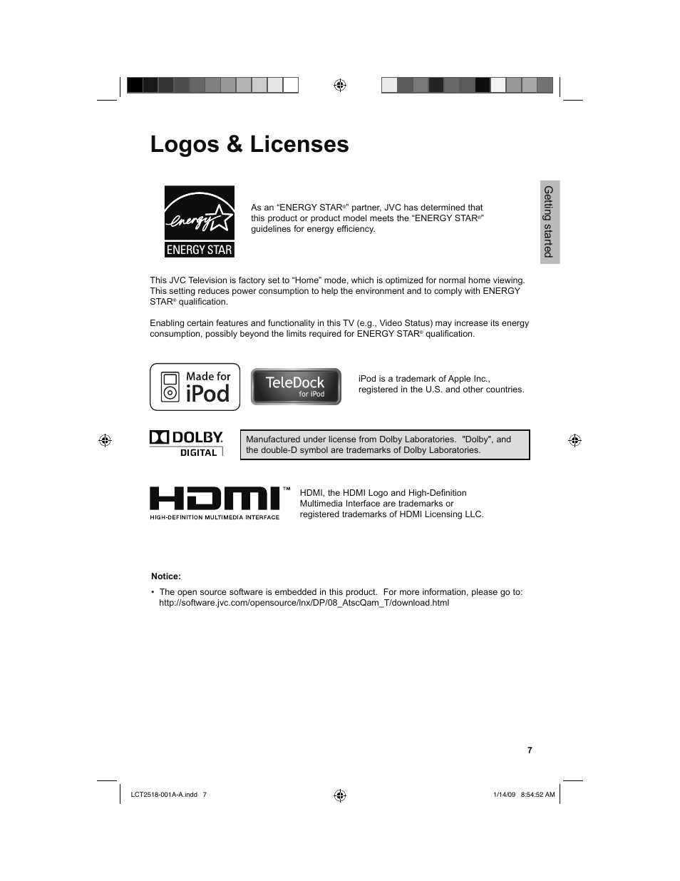 Logos and licenses, Logos & licenses, Getting started | JVC 1208TSH-II-IM User Manual | Page 7 / 68