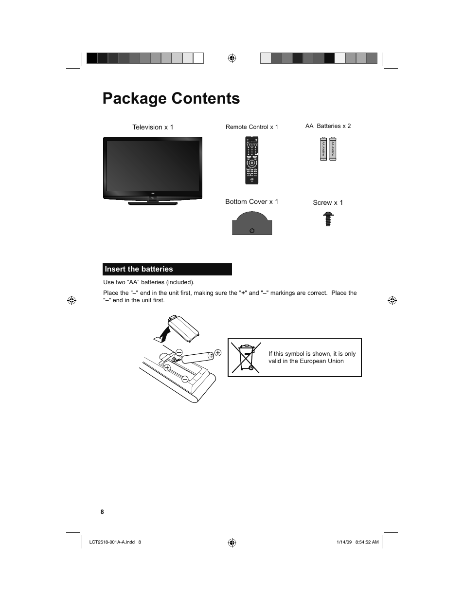 Package contents, Insert the batteries | JVC 1208TSH-II-IM User Manual | Page 8 / 68