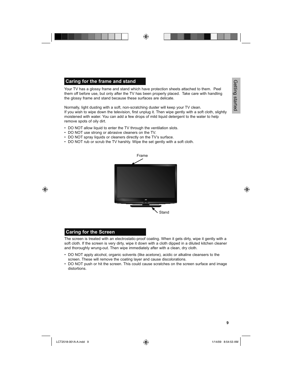 Caring for the frame and stand, Caring for the screen | JVC 1208TSH-II-IM User Manual | Page 9 / 68