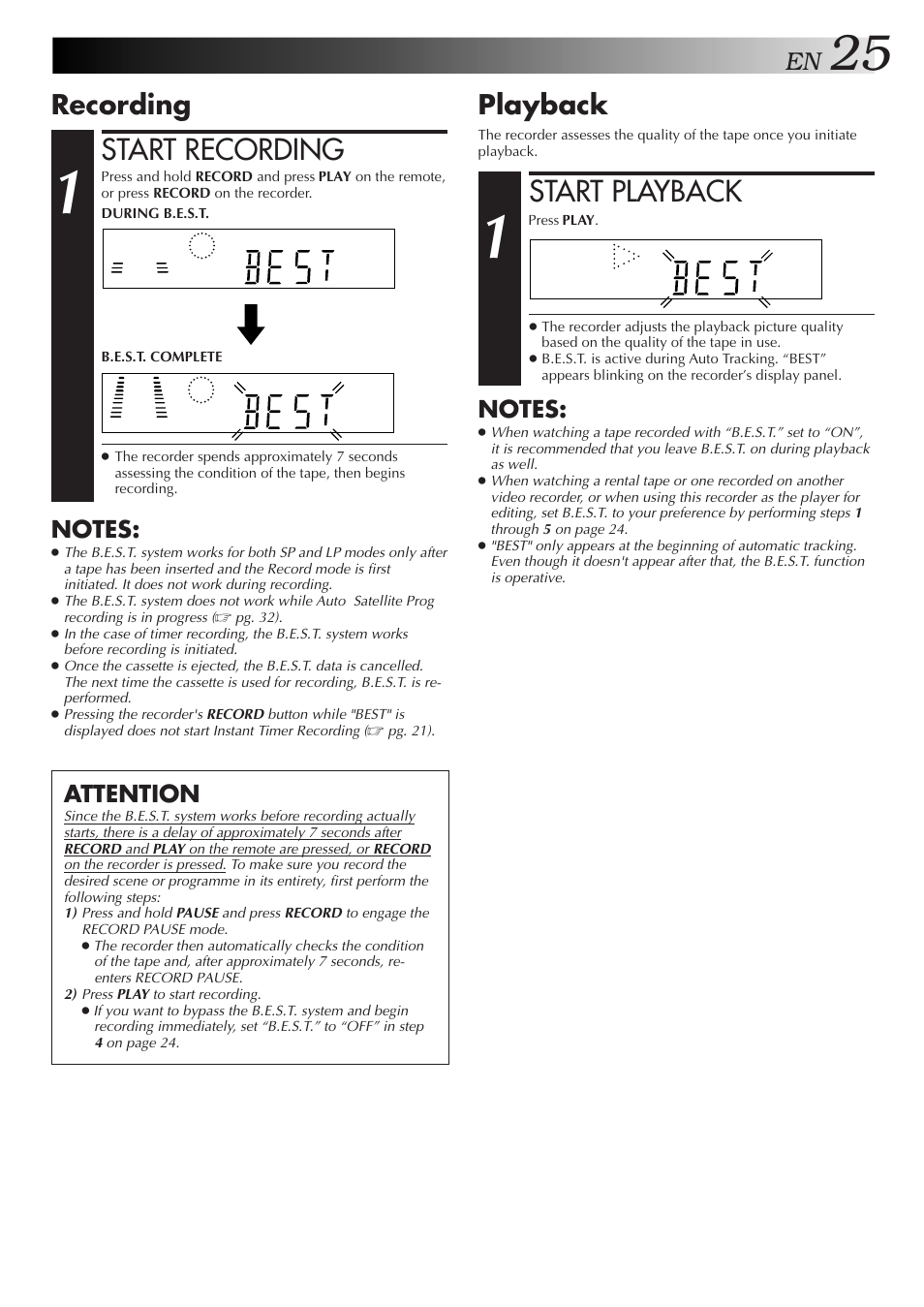 Start recording, Start playback, Recording | Playback, Attention | JVC HR-DD858EH User Manual | Page 25 / 64