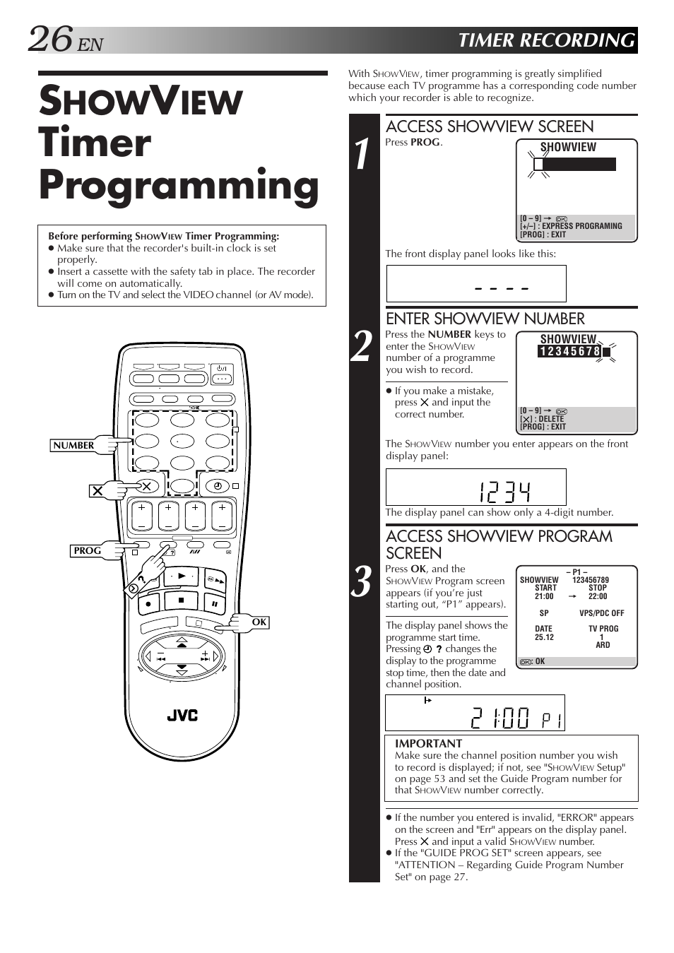 Timer programming, Timer recording, Access showview screen | Enter showview number, Access showview program screen | JVC HR-DD858EH User Manual | Page 26 / 64