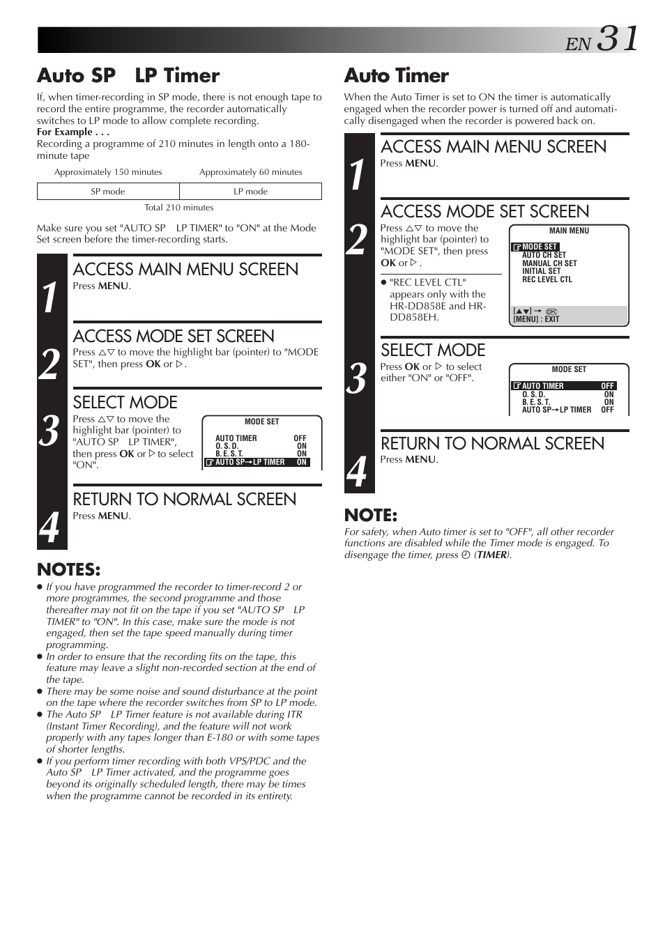 Auto timer, Auto sp → lp timer, Access main menu screen | Access mode set screen, Select mode, Return to normal screen | JVC HR-DD858EH User Manual | Page 31 / 64