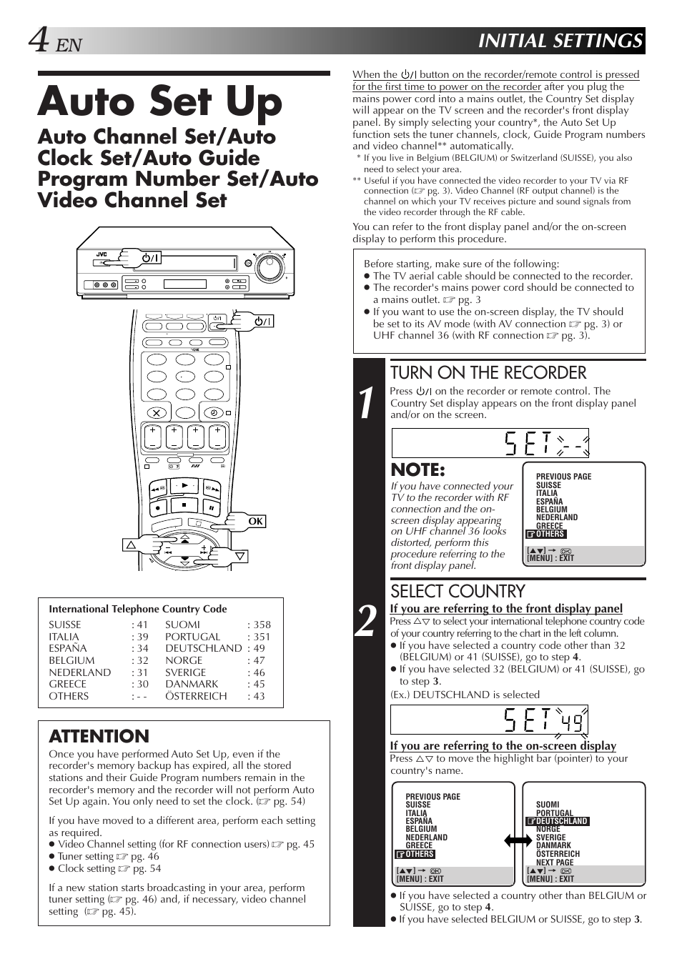 Auto set up, Initial settings, Turn on the recorder | Select country, Attention | JVC HR-DD858EH User Manual | Page 4 / 64