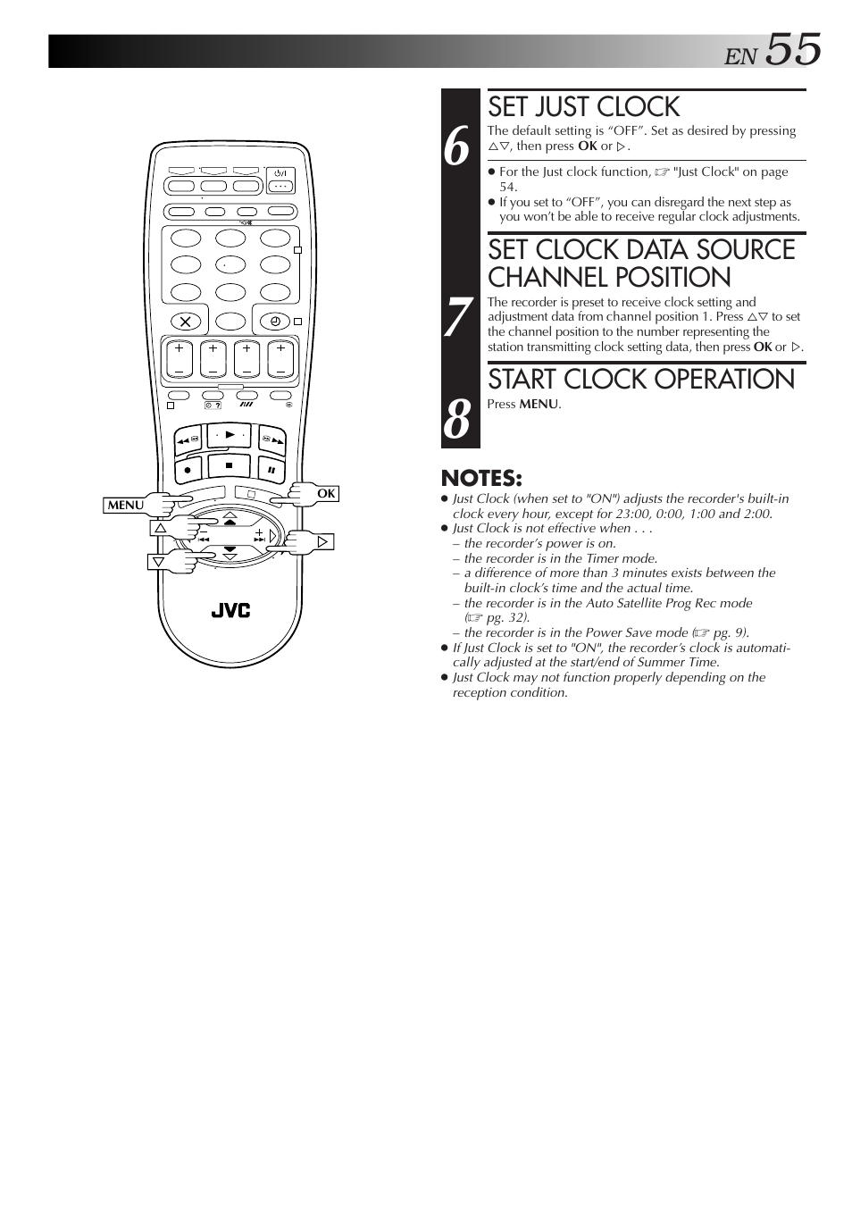 Set just clock, Set clock data source channel position, Start clock operation | JVC HR-DD858EH User Manual | Page 55 / 64