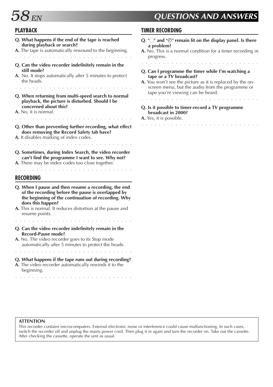 Questions and answers, Playback, Recording | Timer recording | JVC HR-DD858EH User Manual | Page 58 / 64