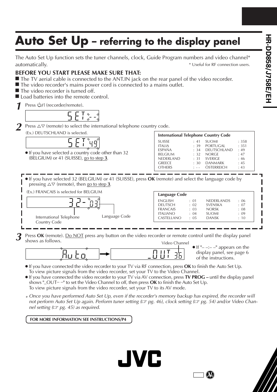 Auto set up, Referring to the display panel, Before you start please make sure that | JVC HR-DD858EH User Manual | Page 64 / 64