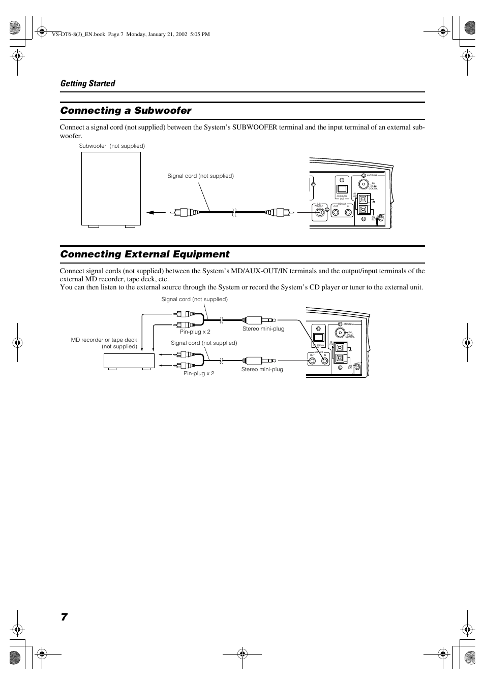 Connecting a subwoofer, Connecting external equipment, Getting started | JVC VS-DT8 User Manual | Page 10 / 32