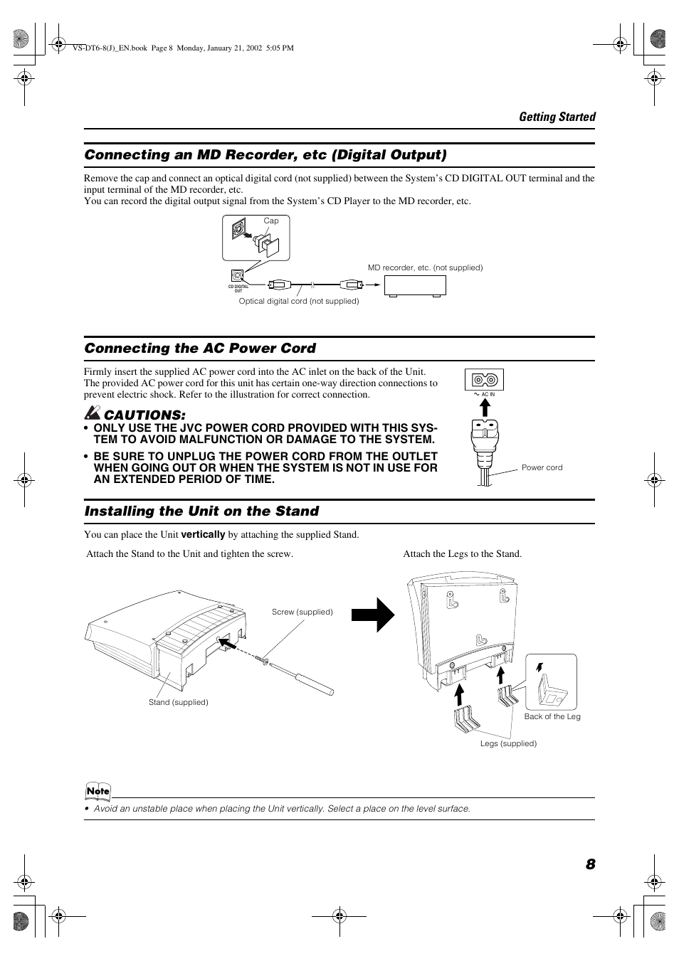 Connecting an md recorder, etc (digital output), Connecting the ac power cord, Installing the unit on the stand | Cautions, Getting started | JVC VS-DT8 User Manual | Page 11 / 32