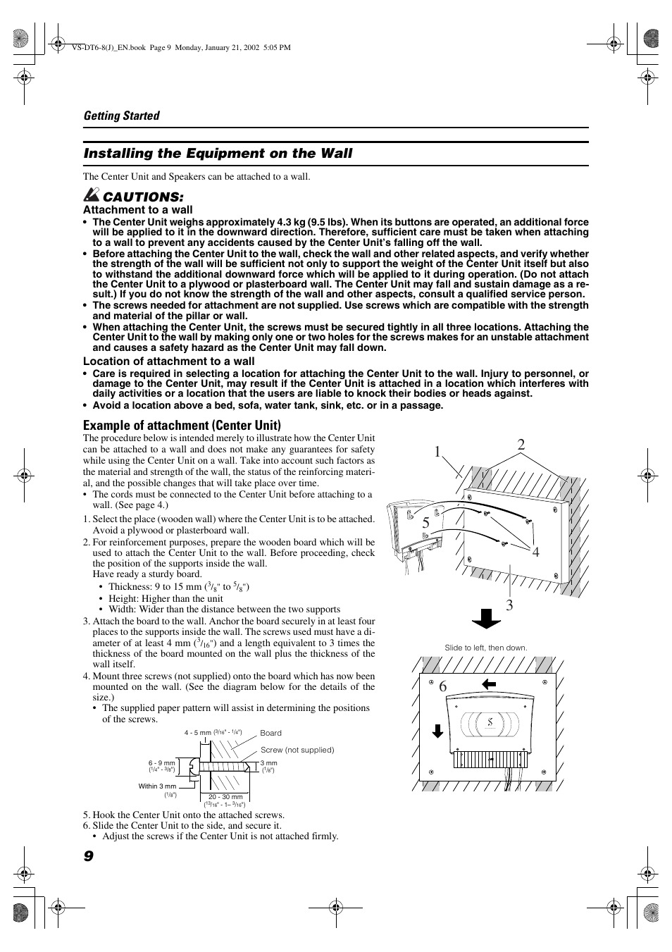 Installing the equipment on the wall, Example of attachment (center unit), Cautions | Getting started | JVC VS-DT8 User Manual | Page 12 / 32