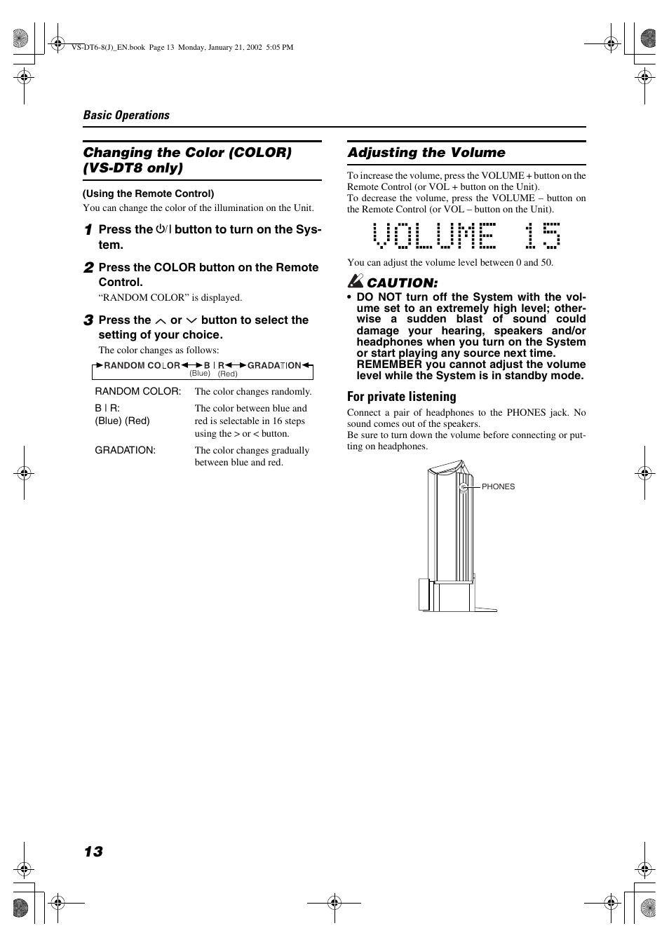 Changing the color (color) (vs-dt8 only), Adjusting the volume, For private listening | JVC VS-DT8 User Manual | Page 16 / 32