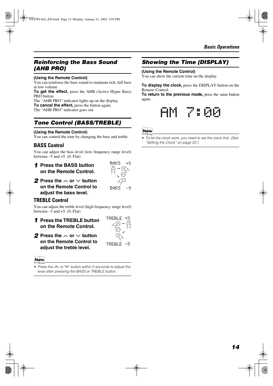 Reinforcing the bass sound (ahb pro), Tone control (bass/treble), Bass control | Treble control, Showing the time (display) | JVC VS-DT8 User Manual | Page 17 / 32