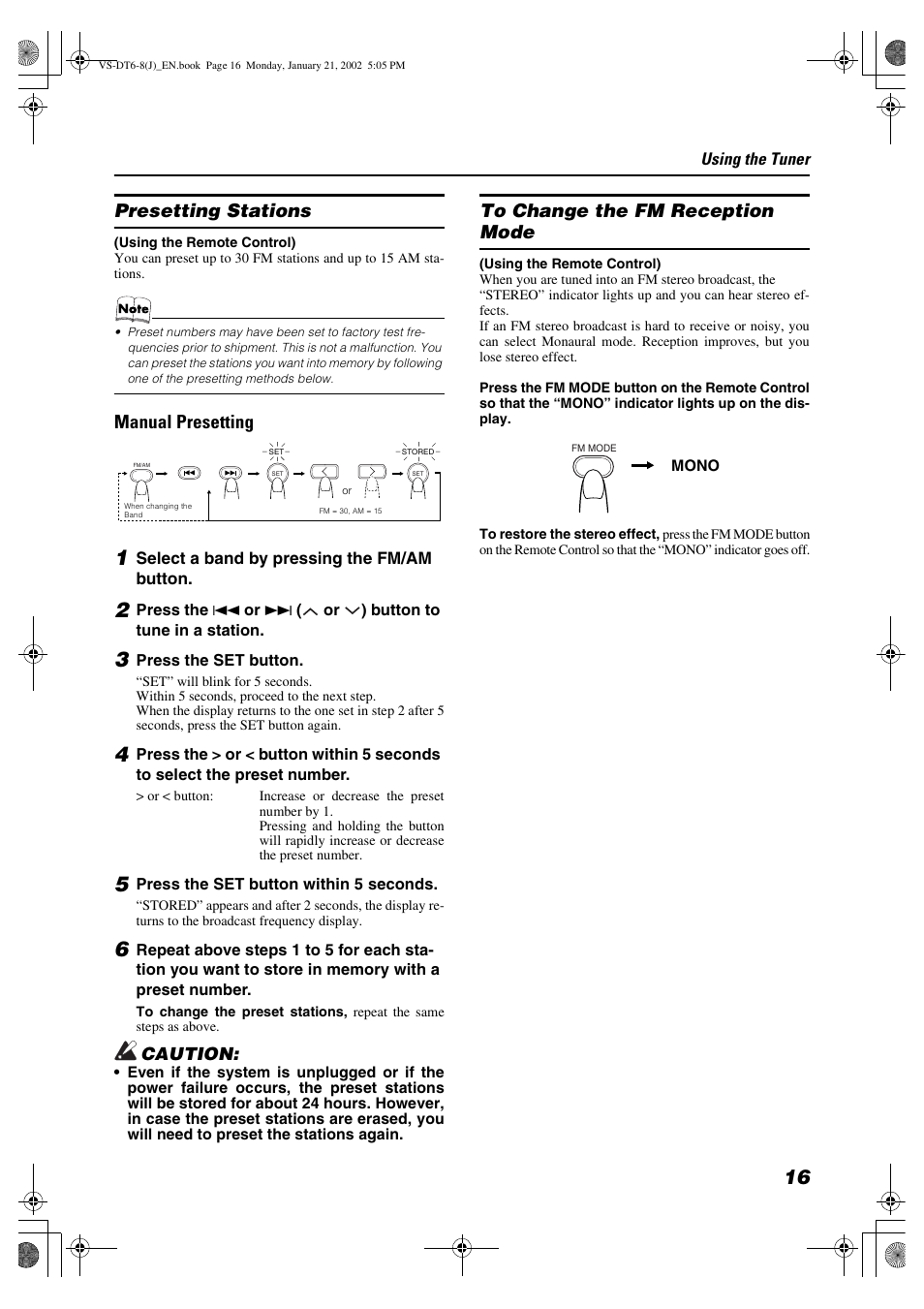 Presetting stations, Manual presetting | JVC VS-DT8 User Manual | Page 19 / 32