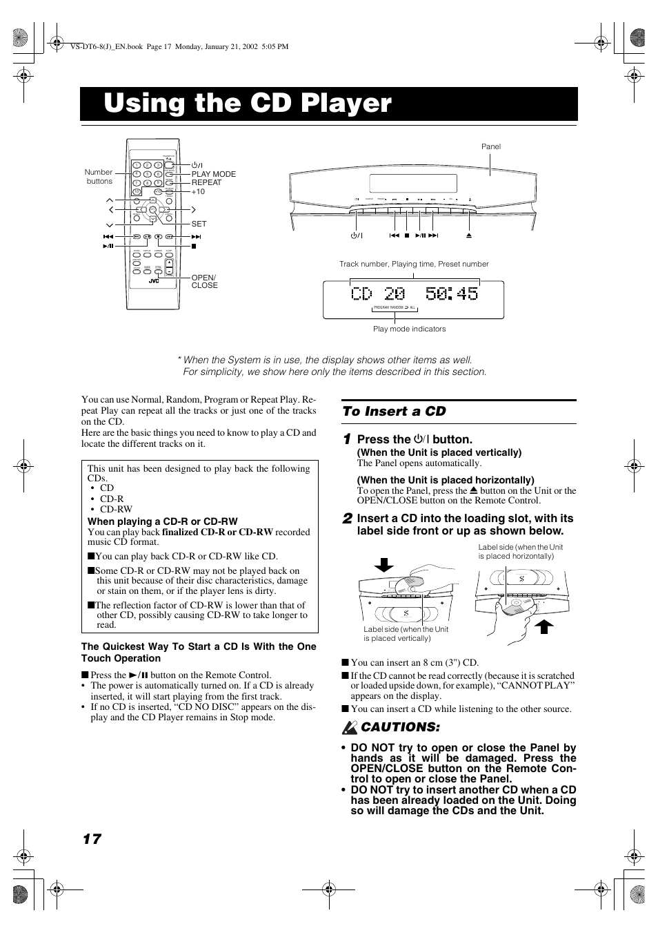 Using the cd player, Cautions, Press the % button | JVC VS-DT8 User Manual | Page 20 / 32