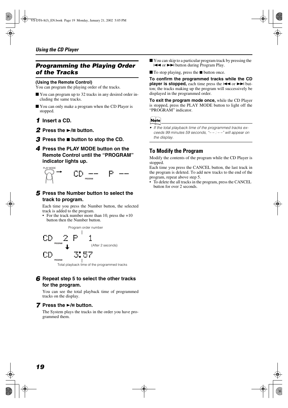 Programming the playing order of the tracks | JVC VS-DT8 User Manual | Page 22 / 32