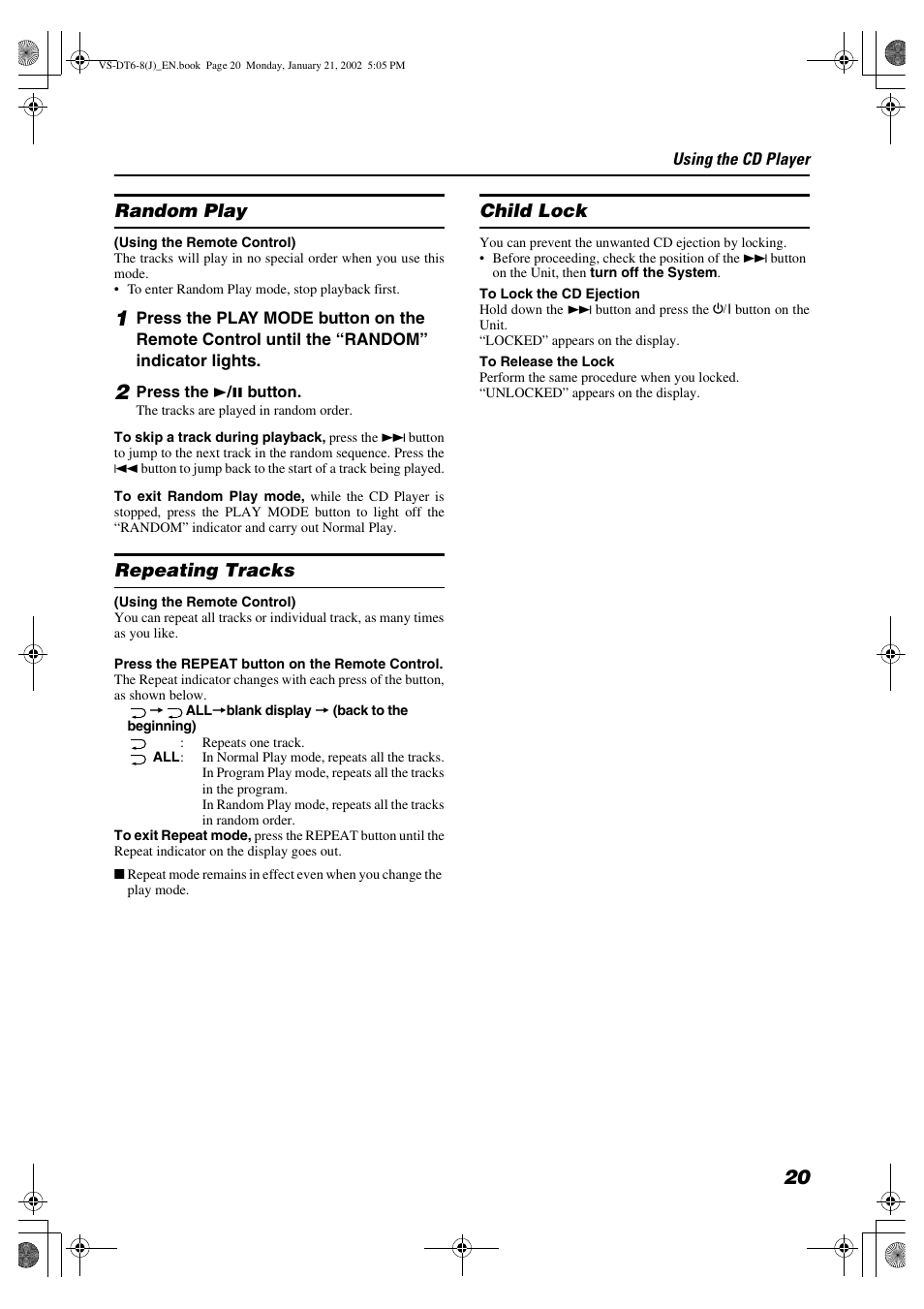 Random play, Repeating tracks, Child lock | JVC VS-DT8 User Manual | Page 23 / 32