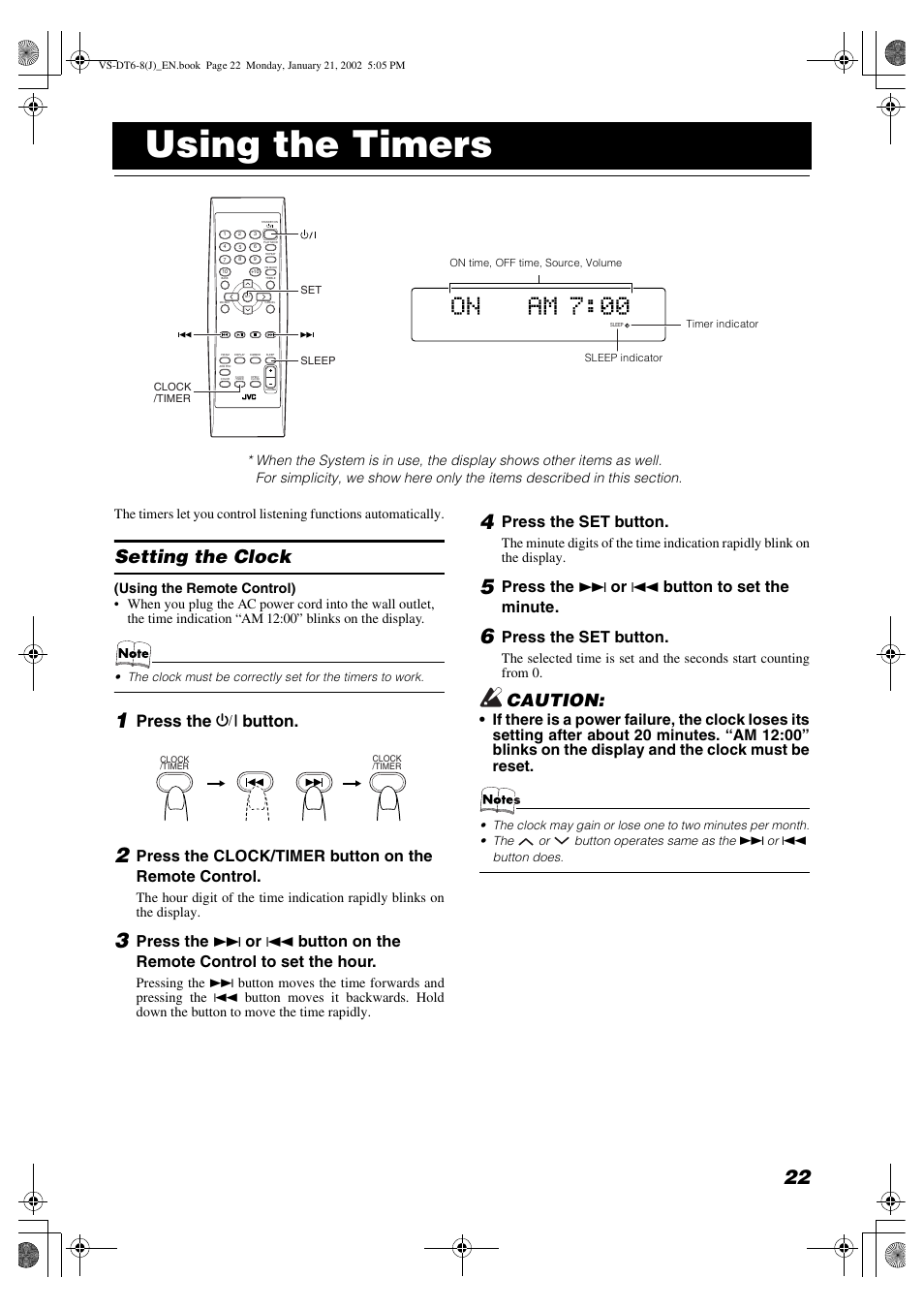 Using the timers, Setting the clock, Caution | Press the % button, Press the clock/timer button on the remote control, Press the set button, Press the ¢ or 4 button to set the minute | JVC VS-DT8 User Manual | Page 25 / 32