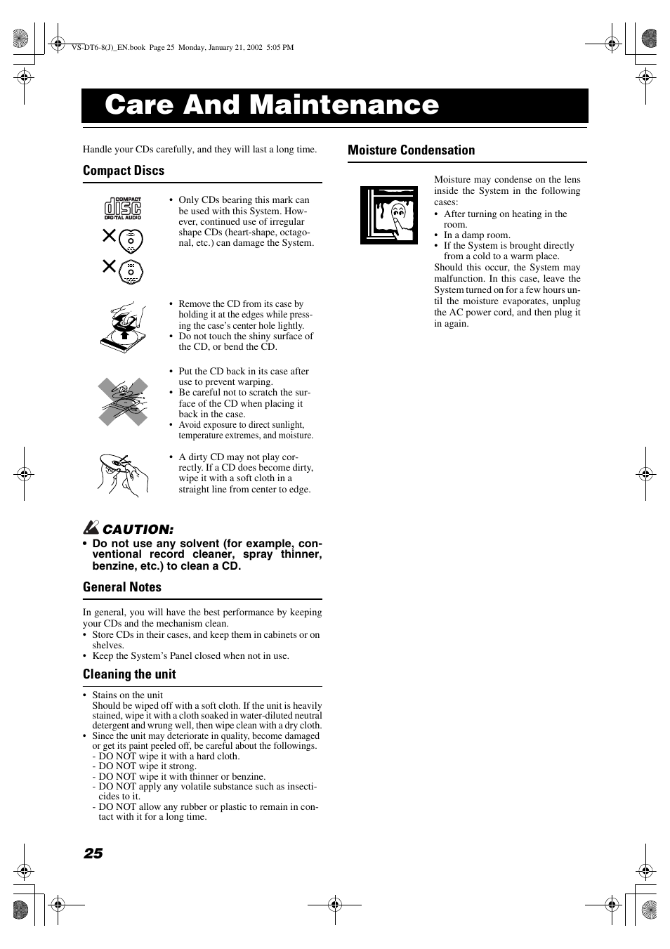 Care and maintenance, Compact discs, Cleaning the unit | Moisture condensation | JVC VS-DT8 User Manual | Page 28 / 32