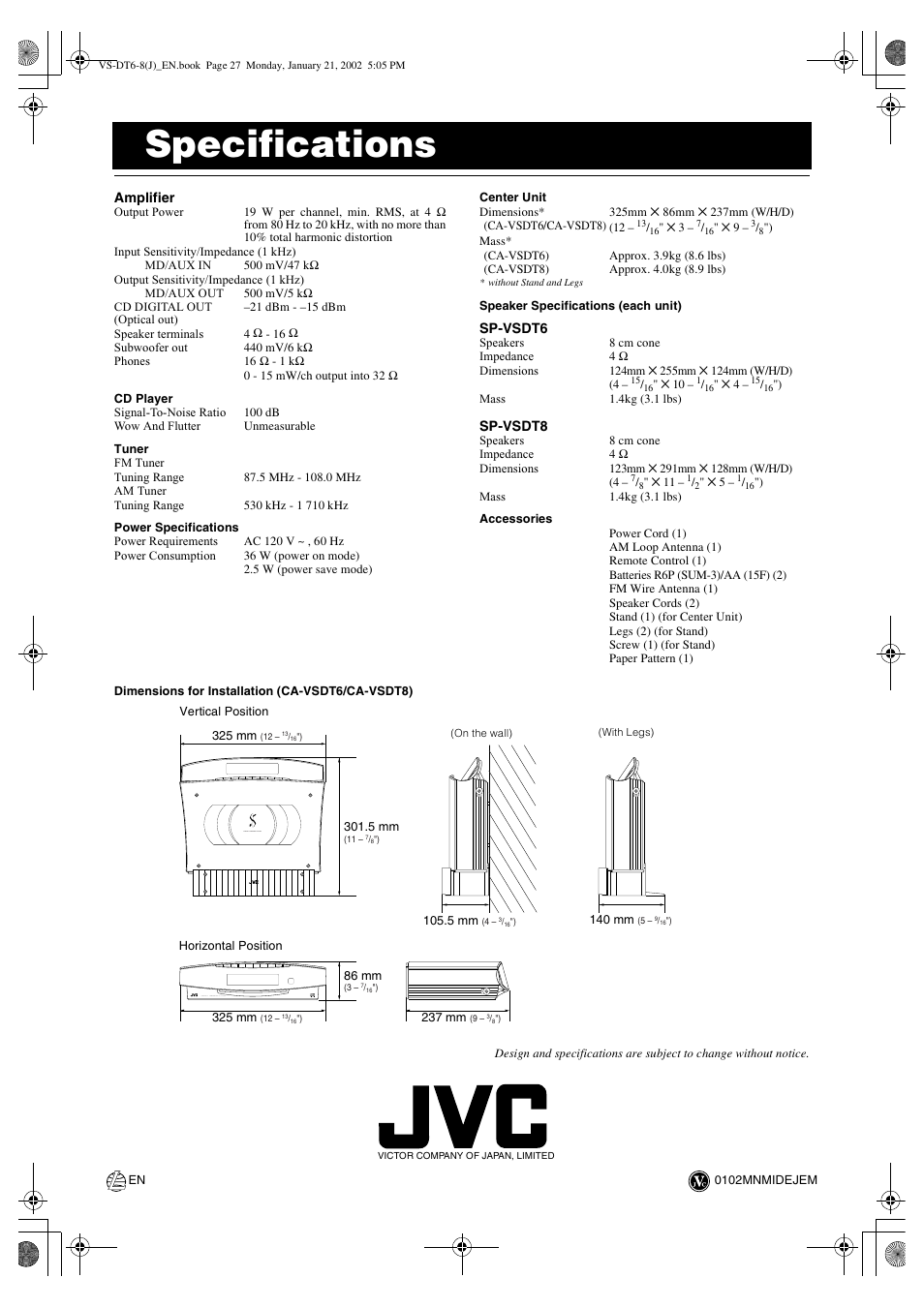 Specifications, Back cover | JVC VS-DT8 User Manual | Page 32 / 32