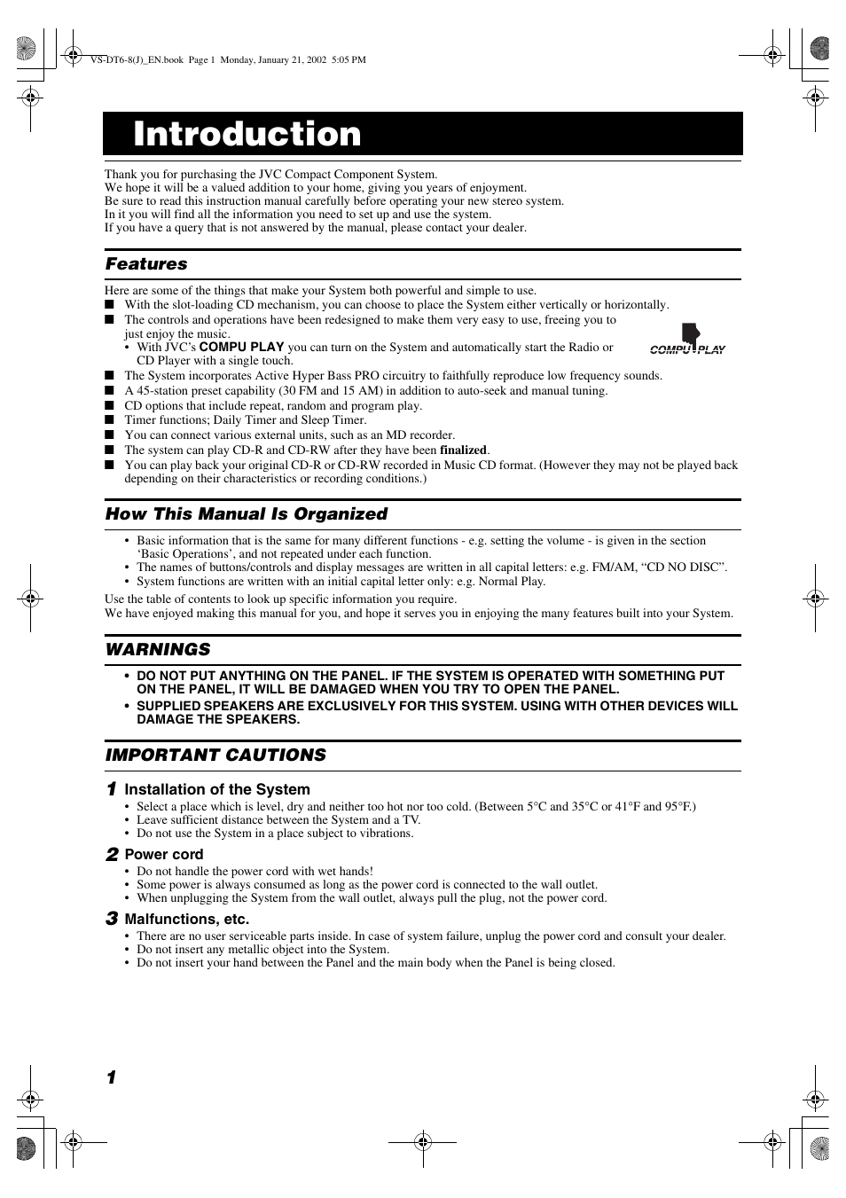 Introduction | JVC VS-DT8 User Manual | Page 4 / 32