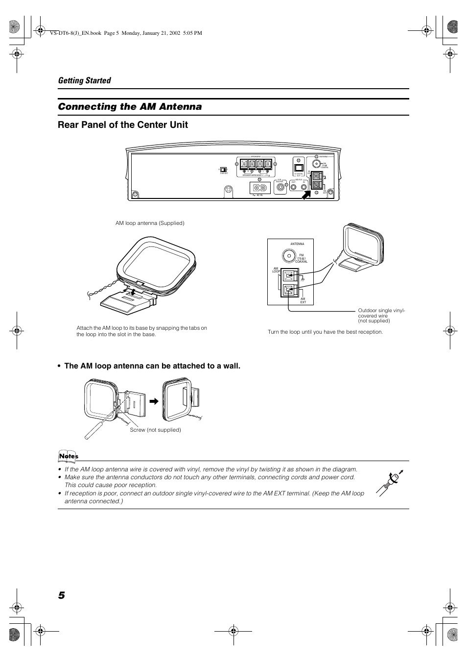 Getting started, The am loop antenna can be attached to a wall, Turn the loop until you have the best reception | JVC VS-DT8 User Manual | Page 8 / 32