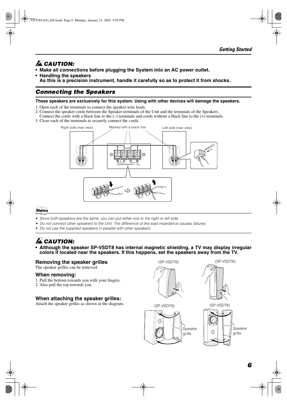 Connecting the speakers, Caution, Getting started | Removing the speaker grilles, When removing, When attaching the speaker grilles | JVC VS-DT8 User Manual | Page 9 / 32