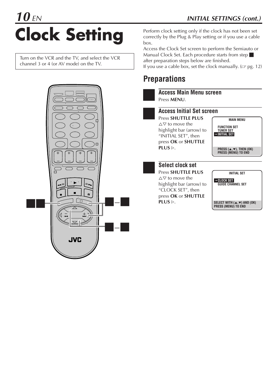 Clock setting, Preparations | JVC SR-V10U User Manual | Page 10 / 64