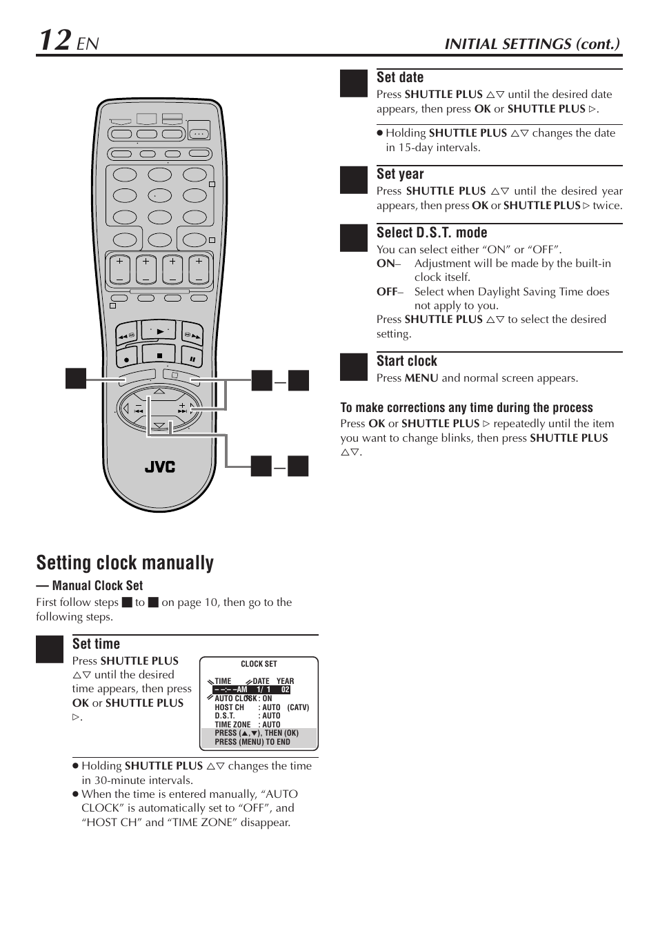 Setting clock manually, Initial settings (cont.) | JVC SR-V10U User Manual | Page 12 / 64