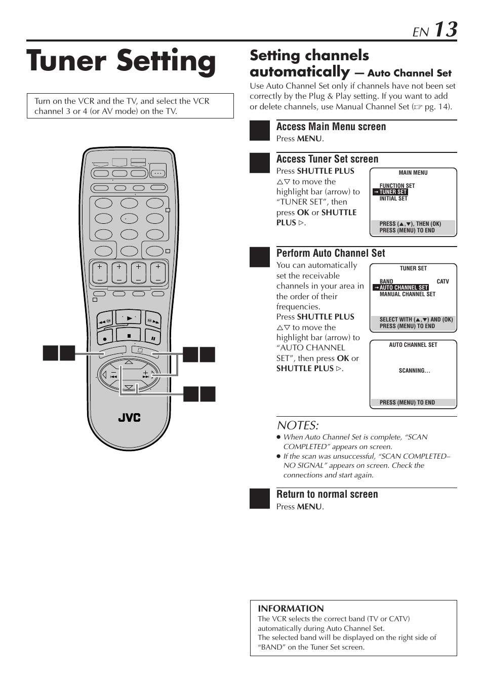 Tuner setting, Setting channels automatically | JVC SR-V10U User Manual | Page 13 / 64