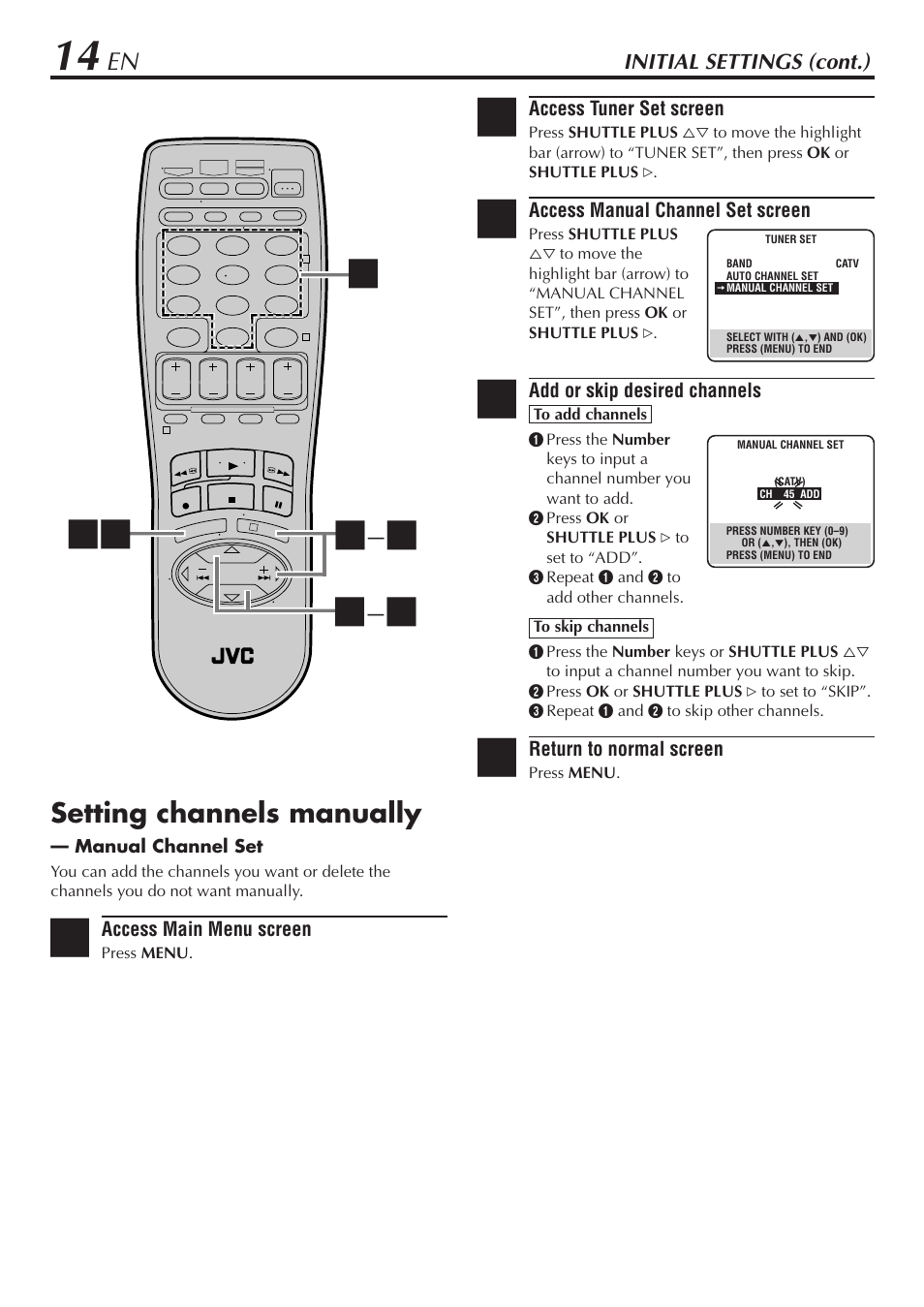 Setting channels manually, Initial settings (cont.) | JVC SR-V10U User Manual | Page 14 / 64