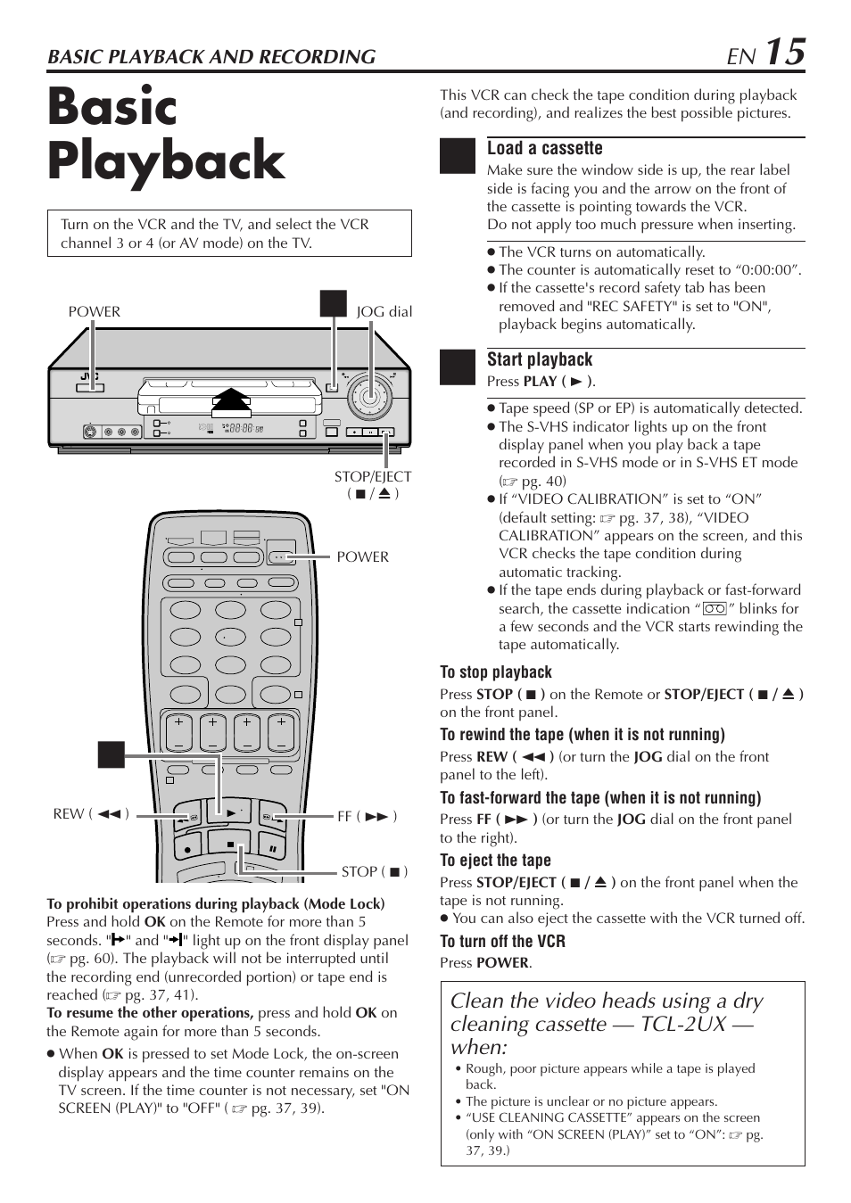 Basic playback, Basic playback and recording, Load a cassette | Start playback | JVC SR-V10U User Manual | Page 15 / 64