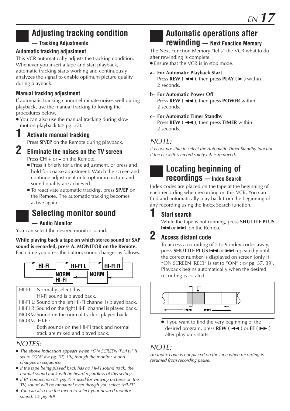 De f, Adjusting tracking condition, Selecting monitor sound | Automatic operations after rewinding, Locating beginning of recordings | JVC SR-V10U User Manual | Page 17 / 64